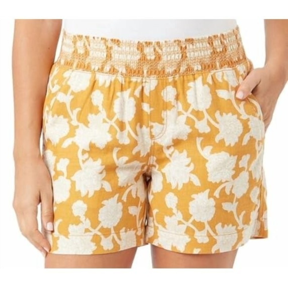Briggs Womens Orange Floral Linen Blend Relaxed Fit Shorts XL Smocked Waist
